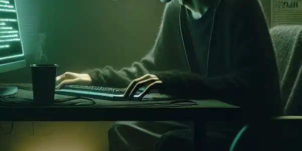 神秘的非二元角色坐在杂乱的桌子前，专注于发出绿色光芒的电脑屏幕。