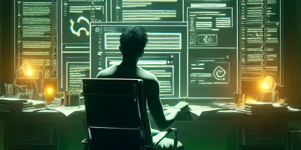 一位性别中立角色坐在昏暗房间的杂乱桌子前，专注于发光的绿色电脑屏幕。