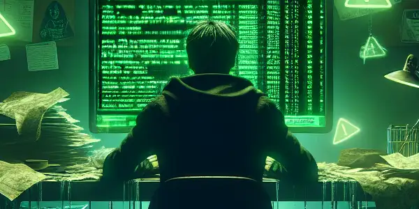 神秘的中性角色坐在昏暗房间的杂乱桌子前，专注于发光的绿色电脑屏幕。