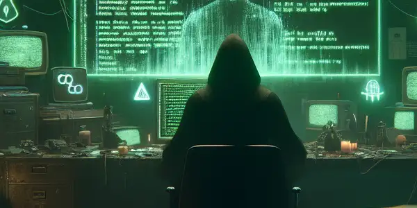 一个神秘的无性别人物坐在混乱的桌子前，专注于发光的绿色电脑屏幕，周围散落着黑帽SEO文件。