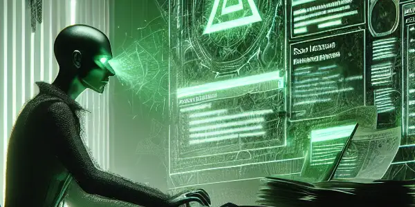 神秘的无性别人物坐在杂乱的桌子前，专注于发光的绿色屏幕，周围环境阴暗。