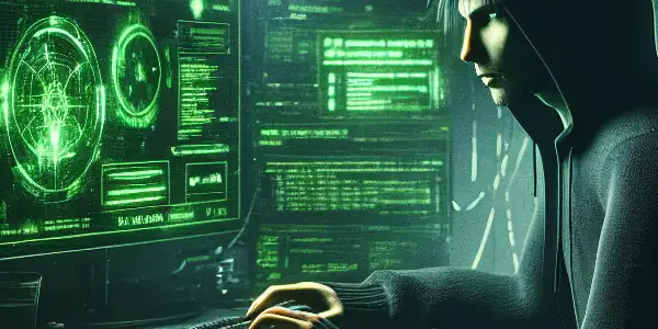 神秘的无性别角色在昏暗房间内专注于发光的绿色电脑屏幕，桌上散落着黑帽SEO相关的文件。