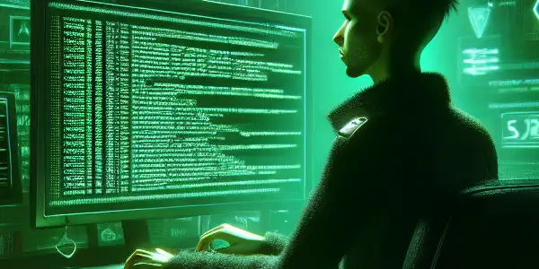 一个非二元角色专注于发光的绿色电脑屏幕，周围是混乱的桌面和黑帽SEO文档。