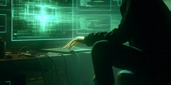 一个神秘的无性别角色坐在昏暗杂乱的房间里，专注于发出绿色光芒的电脑屏幕。
