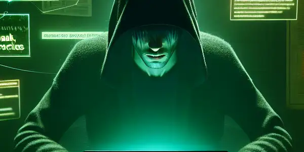 阴暗房间中，神秘角色专注于发光的绿色屏幕，桌上散乱的黑帽SEO资料。