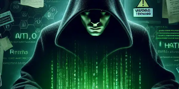 神秘的房间中，一个隐秘人物聚焦在发光的绿色电脑屏幕上，周围散落着黑帽SEO相关文件。