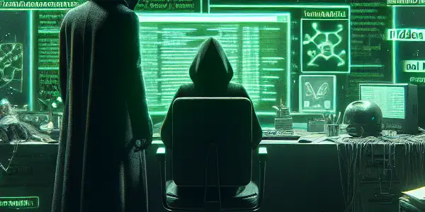 一个性别中立的人物坐在凌乱的桌子前，专注于发出绿色光芒的电脑屏幕，周围散落着与黑帽SEO相关的文件。