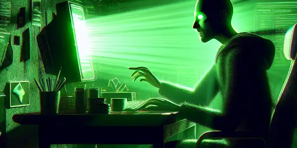 一个神秘的性别中立人物坐在昏暗混乱的房间，专注于发光的绿色电脑屏幕。