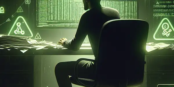 一个无性别特征的人物坐在杂乱的房间里，专注于发光的绿色电脑屏幕。