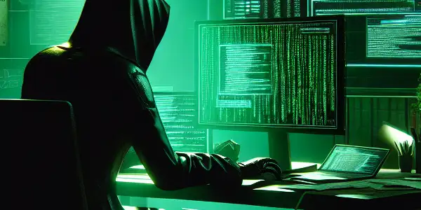 一个神秘的无性别人物坐在昏暗的桌子前，专注于发光的绿色计算机屏幕。