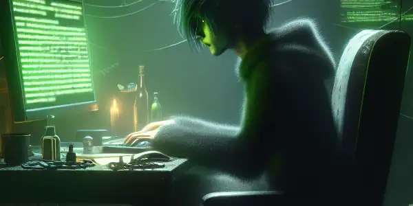 神秘角色坐在昏暗房间的杂乱桌前，专注于发光的绿色电脑屏幕。