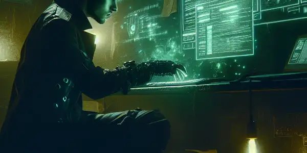 一个神秘的无性别人物在阴暗的房间中专注于发出绿色光芒的电脑屏幕，周围散落着与黑帽SEO相关的纸张和警告标志。