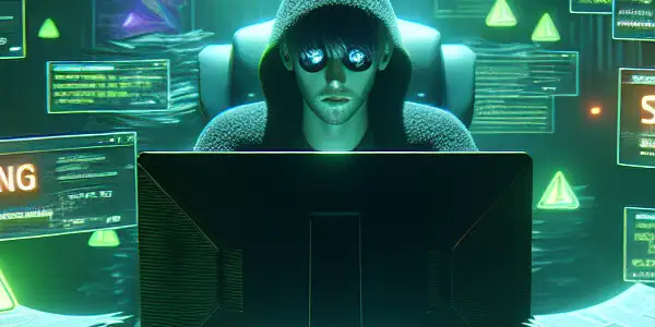 一个神秘的无性别人物坐在昏暗房间的杂乱桌前，专注于电脑屏幕。