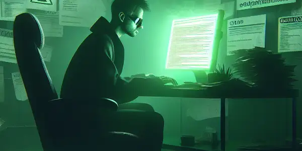 一个神秘的人物专注于发光的绿色电脑屏幕，周围是杂乱的文件和阴暗的房间。
