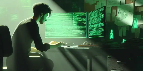 一个神秘的性别中立人物坐在昏暗杂乱的房间内，专注于发光的绿色电脑屏幕。