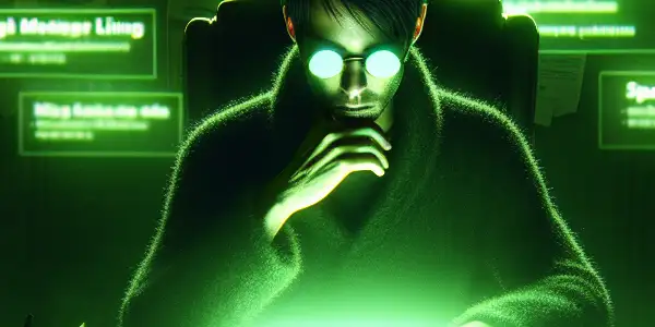 一个神秘的中性人物专注于发出绿色光芒的电脑屏幕，周围环境杂乱无章。