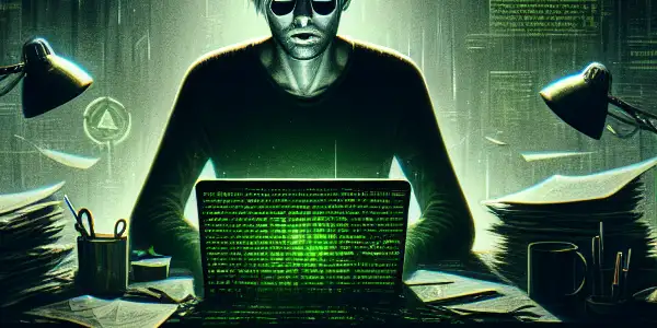 一个神秘角色坐在昏暗的桌子前，专注于发光的绿色屏幕，周围散落着与黑帽SEO相关的文件。