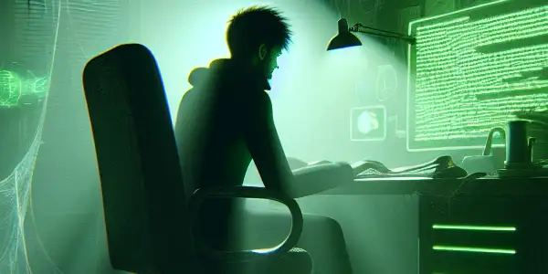 一个神秘的无性别身影坐在昏暗房间的杂乱桌前，专注于发出绿色光芒的电脑屏幕。