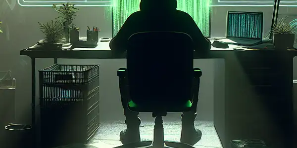 一个神秘的中性人物坐在昏暗的房间里，专注于发光的绿色电脑屏幕，周围散落着与SEO黑帽技术相关的警告纸张。