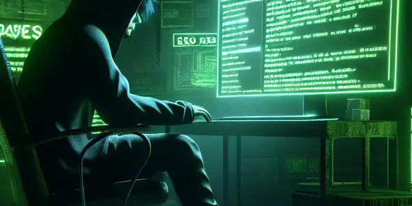 一个神秘的非二元角色坐在昏暗的房间，专注于发光的绿色电脑屏幕，周围散落着与黑帽SEO相关的文件。