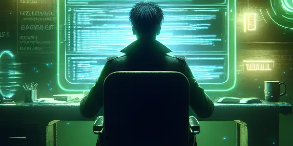 神秘的性别中立人物坐在昏暗杂乱的房间里，专注于发光的绿色电脑屏幕。