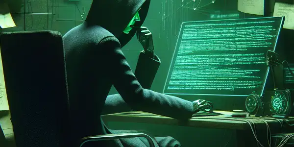 一个神秘的中性人物坐在昏暗的房间里，专注于发光的绿色电脑屏幕，周围散落着与黑帽SEO相关的文件。