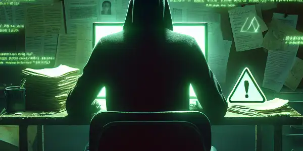 一个神秘的中性人物坐在昏暗混乱的房间，专注于发光的绿色电脑屏幕。