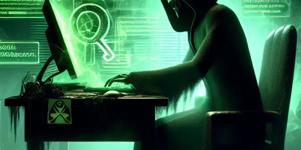 神秘的中性人物坐在昏暗房间的杂乱桌前，凝视着发光的绿色电脑屏幕。