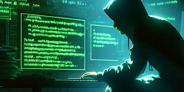 一个神秘的性别中立人物坐在昏暗混乱的房间，专注于发光的绿色电脑屏幕。