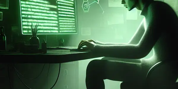 一个神秘的无性别人物坐在昏暗混乱的房间，专注于发光的绿色电脑屏幕。