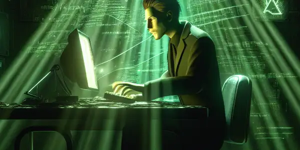 一个神秘的无性别角色坐在昏暗房间的杂乱桌前，专注于发光的绿色电脑屏幕，周围散落着黑帽SEO相关文件。
