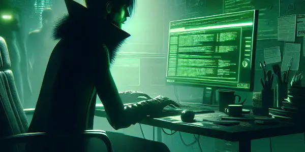 一位神秘的无性别人物坐在昏暗房间的杂乱书桌前，专注于发光的绿色电脑屏幕。