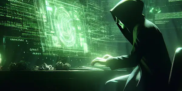 神秘的中性人物坐在杂乱的桌子前，凝视着发光的绿色电脑屏幕。